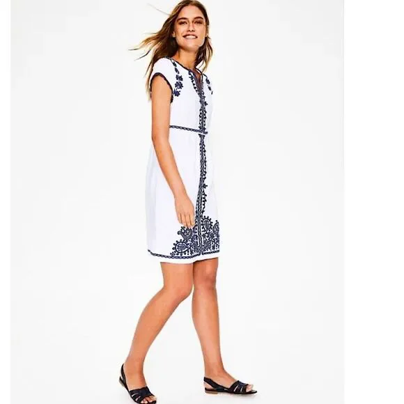 Boden Bea Linen Embroidered Dress - Cabin Blue Ticking Stripe Size US 2 (2R) - Picture 6 of 16